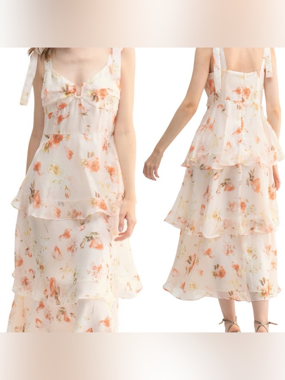 Lush Ivory Floral Tiered Maxi Dress with Peach Blooms